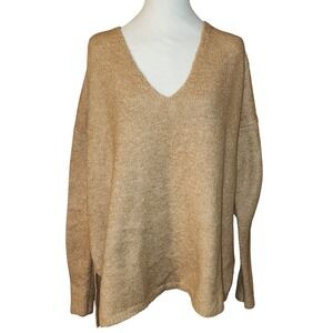 FOREVER 21 Size 3X V Neck Metallic Knit Sweater Gold-Brown Sparkle Long Sleeve